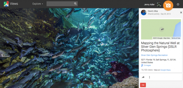 Screenshot of the “Google Views” interface. This is Ulloa’s photo sphere of the Natural Well at Silver Glen Springs. Users can navigate the underwater world and virtually swim with over 500 striped bass and a cave diver.